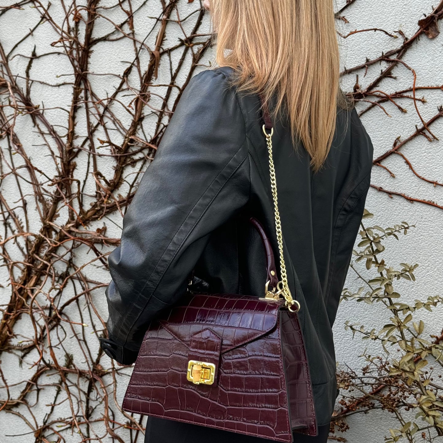 Burgandy leather handbag, croc print leather, Italian leather handbag 