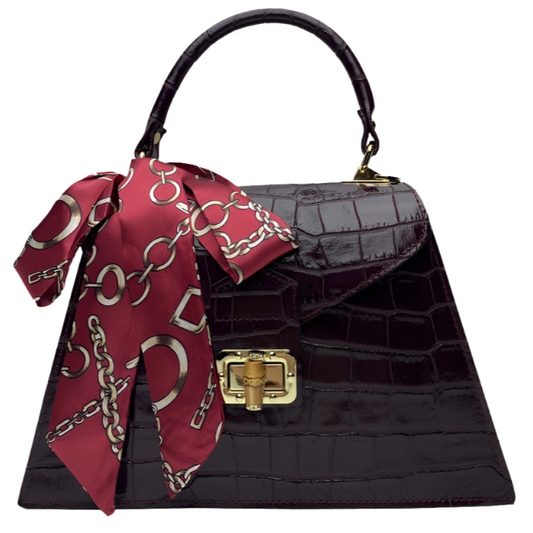 Burgandy leather handbag, croc print leather, Italian leather handbag 