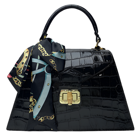 Black leather handbag, croc print leather, Italian leather handbag 