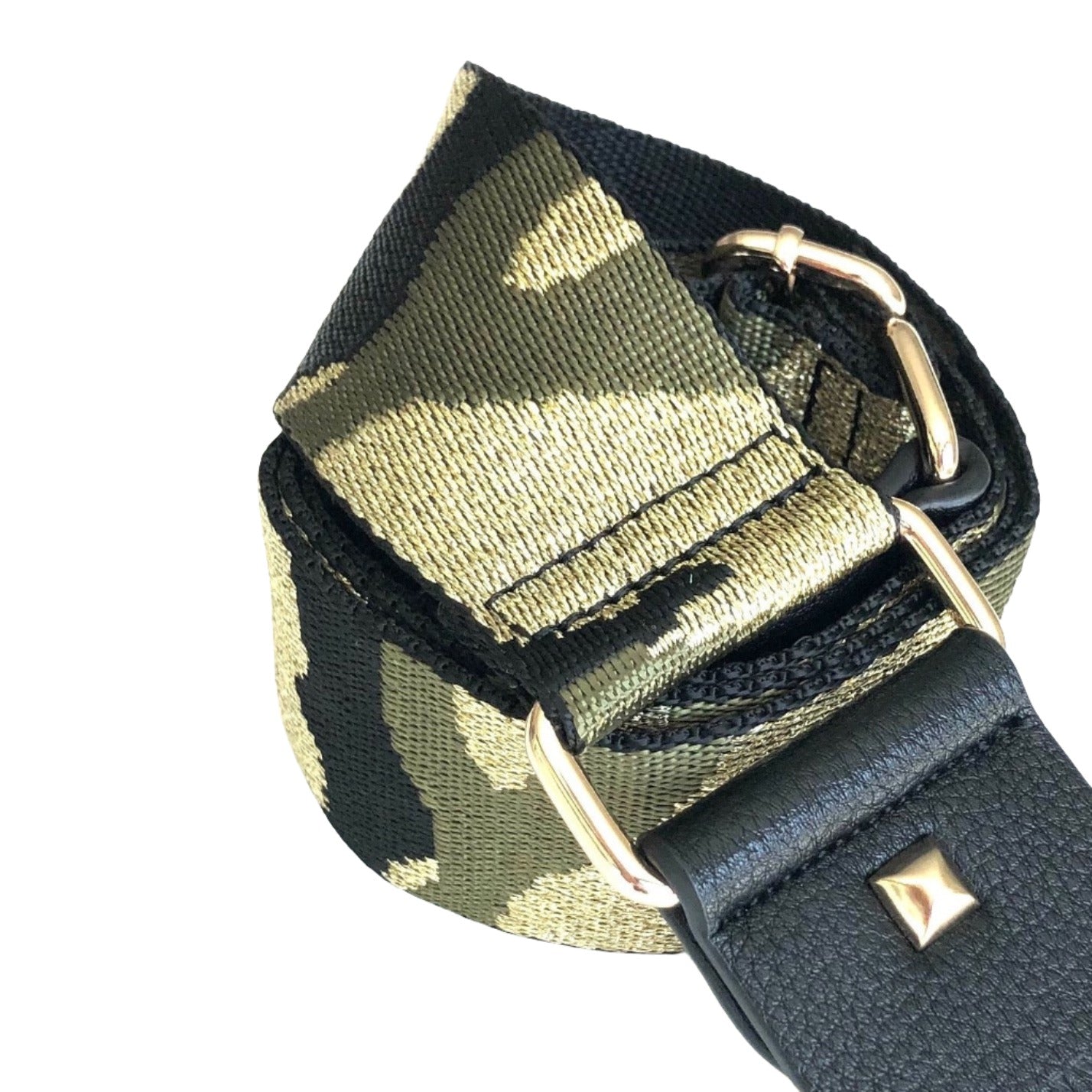 Camo green and gold bag strap - closeup