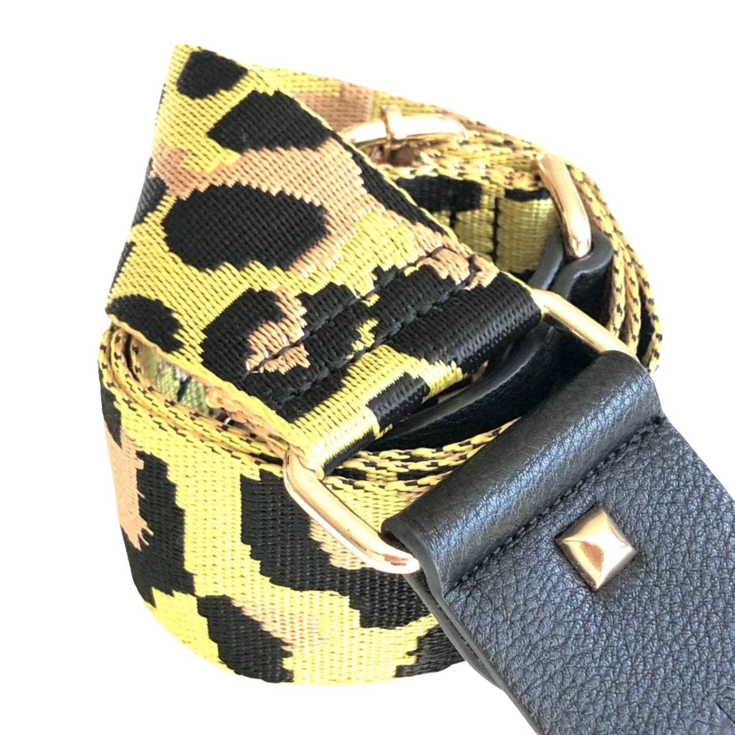 Jinxie bag strap, close up of Leopard yellow