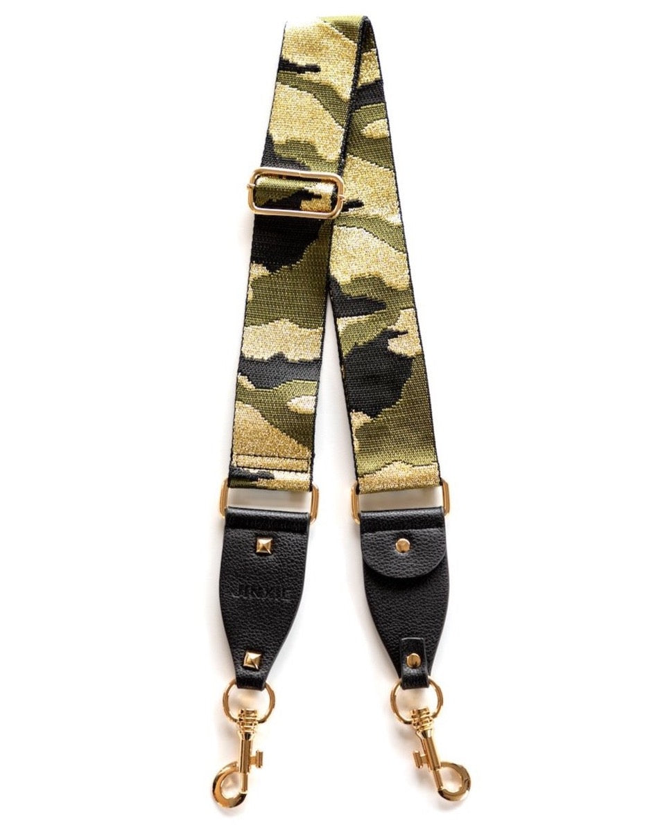 Camo green and gold bag strap with vegan leather ends and gold hardware